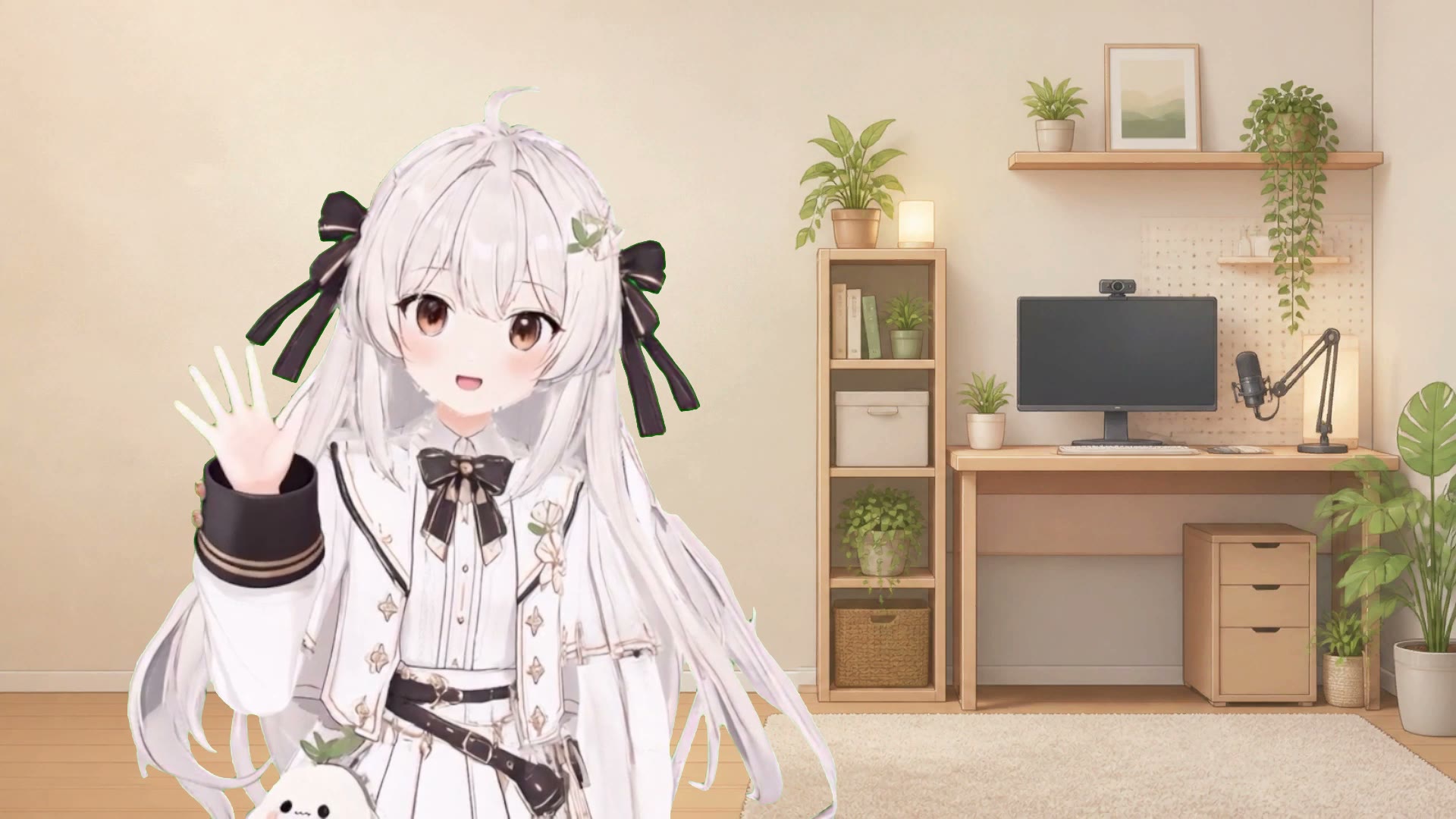 話しかけると音声認識が走り、内容に合った生成動画（ここでは手を振る挨拶）が自動で再生されます